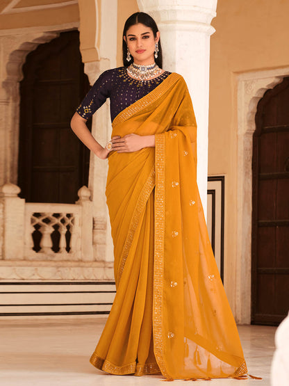 Rajwada Women Yellow Classic Chinon Saree With Unstitched Blouse