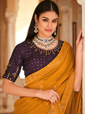 Rajwada Women Yellow Classic Chinon Saree With Unstitched Blouse
