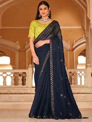 Rajwada Women Elegant Dark Blue Chinon Saree With Unstitched Blouse