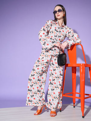 Rajwada - White Floral Printed Crepe Stitched Co Ord Set