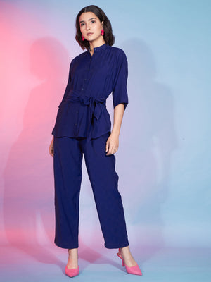 Rajwada Women Navy Blue Viscose Rayon Solid Stitched Co-Ord Set