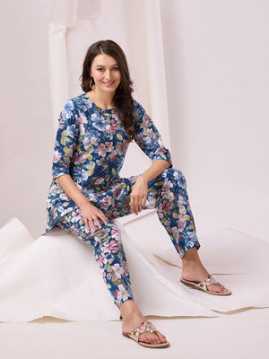 Rajwada Blue Cotton Printed Co-ord set For Women