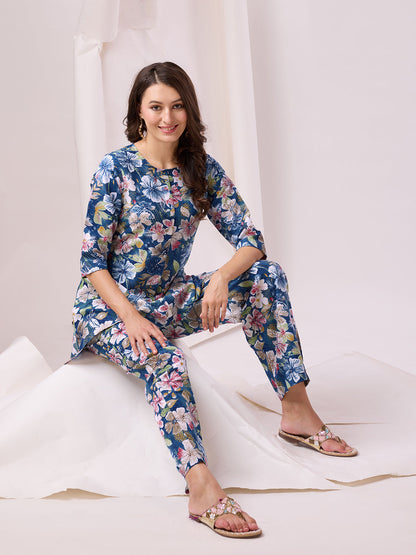 Rajwada Blue Cotton Printed Co-ord set For Women