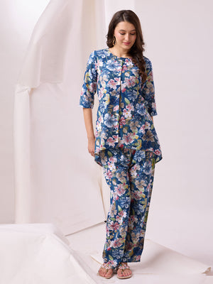 Rajwada Blue Cotton Printed Co-ord set For Women