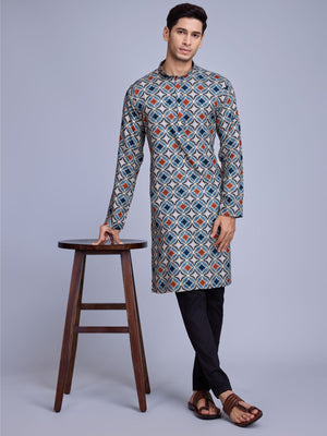 Rajwada Blue Rayon Printed Stitched Kurta For Men