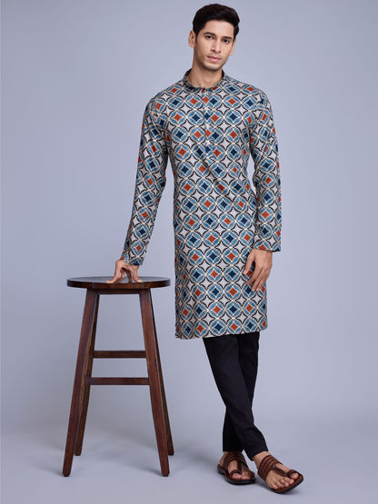 Rajwada Blue Rayon Printed Stitched Kurta For Men