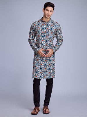 Rajwada Blue Rayon Printed Stitched Kurta For Men