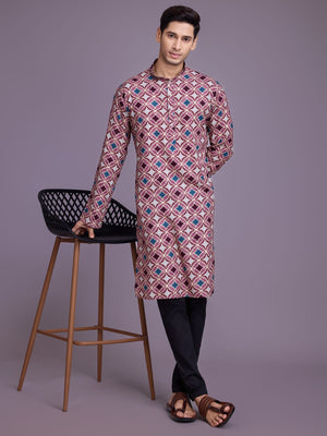Rajwada Pink Rayon Printed Stitched Kurta For Men
