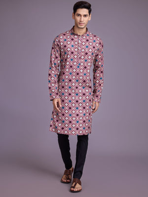Rajwada Pink Rayon Printed Stitched Kurta For Men