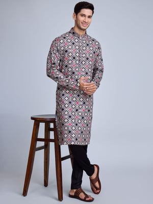 Rajwada Grey Rayon Printed Stitched Kurta For Men