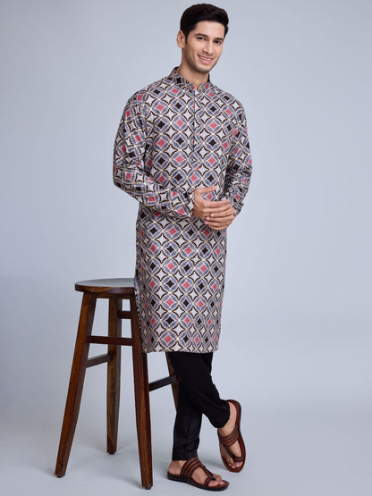Rajwada Grey Rayon Printed Stitched Kurta For Men