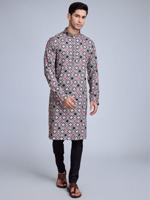Rajwada Grey Rayon Printed Stitched Kurta For Men