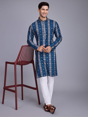 Rajwada Blue Rayon Printed Stitched Kurta For Men