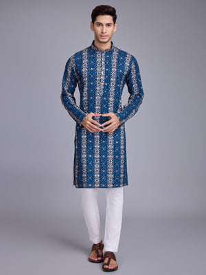 Rajwada Blue Rayon Printed Stitched Kurta For Men