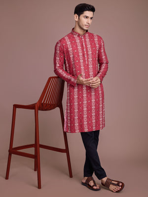 Rajwada Red Rayon Printed Stitched Kurta For Men