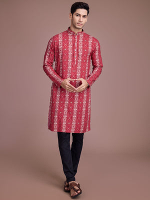 Rajwada Red Rayon Printed Stitched Kurta For Men