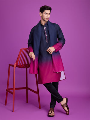 Rajwada Navy Blue And Pink Ombre Rayon Kurta With Dupatta For Men
