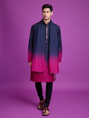 Rajwada Navy Blue And Pink Ombre Rayon Kurta With Dupatta For Men
