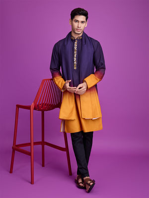 Rajwada Purple And Mustard Ombre Rayon Kurta With Dupatta For Men