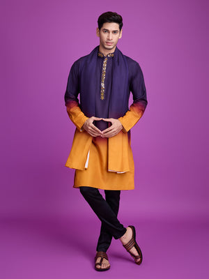 Rajwada Purple And Mustard Ombre Rayon Kurta With Dupatta For Men