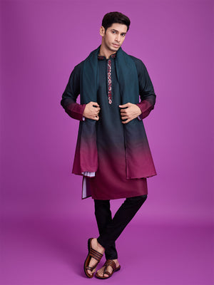 Rajwada Green And Maroon Ombre Rayon Kurta With Dupatta For Men