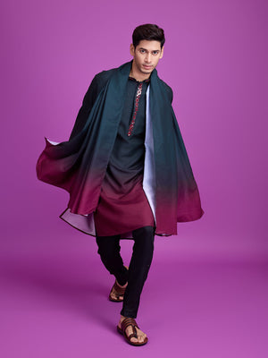 Rajwada Green And Maroon Ombre Rayon Kurta With Dupatta For Men