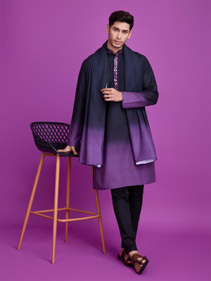 Rajwada Black And Purple Ombre Rayon Kurta With Dupatta For Men,