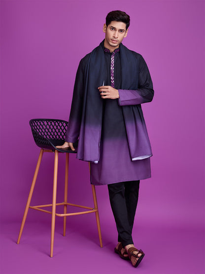 Rajwada Black And Purple Ombre Rayon Kurta With Dupatta For Men,