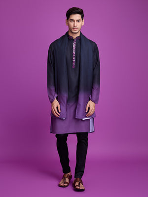 Rajwada Black And Purple Ombre Rayon Kurta With Dupatta For Men,