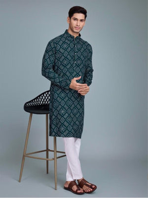 Rajwada Green Rayon Printed Stitched Kurta For Men