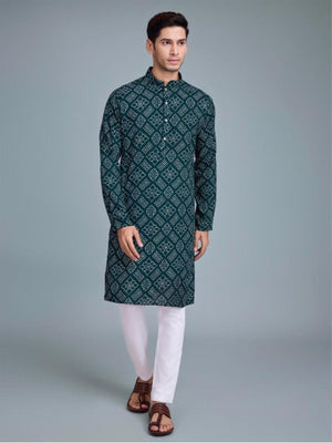 Rajwada Green Rayon Printed Stitched Kurta For Men