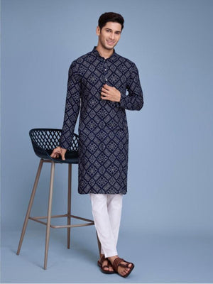 Rajwada Navy Blue Rayon Printed Stitched Kurta For Men