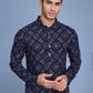 Rajwada Navy Blue Rayon Printed Stitched Kurta For Men