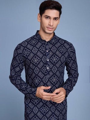 Rajwada Navy Blue Rayon Printed Stitched Kurta For Men