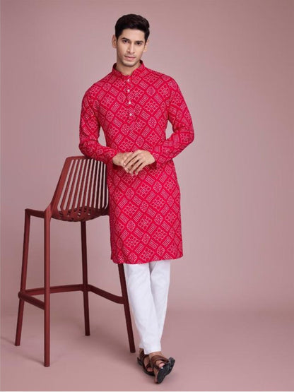 Rajwada Pink Rayon Printed Stitched Kurta For Men