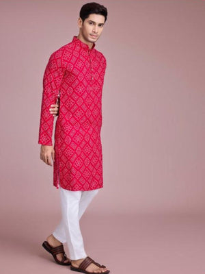 Rajwada Pink Rayon Printed Stitched Kurta For Men
