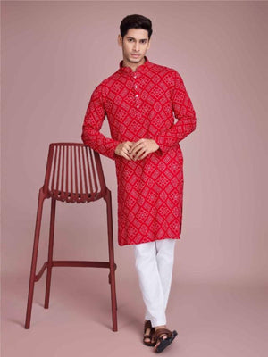 Rajwada Red Rayon Printed Stitched Kurta For Men