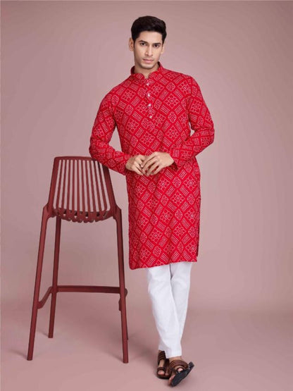 Rajwada Red Rayon Printed Stitched Kurta For Men