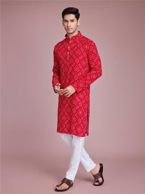 Rajwada Red Rayon Printed Stitched Kurta For Men