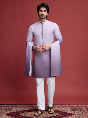 Rajwada Purple Rayon Mirror Work Stitched Kurta With Dupatta For Men