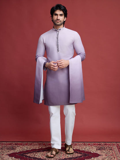 Rajwada Purple Rayon Mirror Work Stitched Kurta With Dupatta For Men
