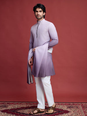 Rajwada Purple Rayon Mirror Work Stitched Kurta With Dupatta For Men