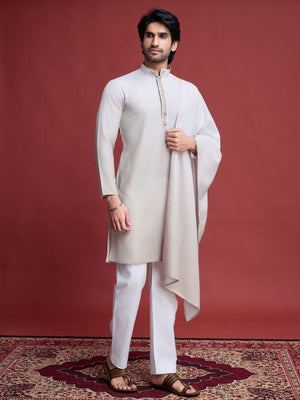 Rajwada Off White Rayon Mirror Work Stitched Kurta With Dupatta For Men