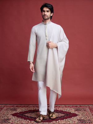 Rajwada Off White Rayon Mirror Work Stitched Kurta With Dupatta For Men