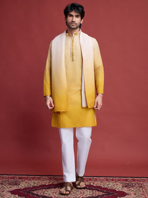 Rajwada Yellow Rayon Mirror Work Stitched Kurta With Dupatta For Men