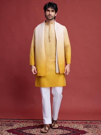 Rajwada Yellow Rayon Mirror Work Stitched Kurta With Dupatta For Men