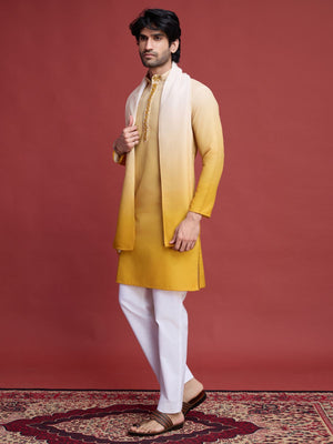 Rajwada Yellow Rayon Mirror Work Stitched Kurta With Dupatta For Men