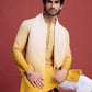 Rajwada Yellow Rayon Mirror Work Stitched Kurta With Dupatta For Men