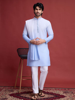 Rajwada Light Blue Rayon Mirror Work Stitched Kurta With Dupatta For Men