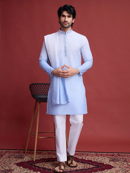Rajwada Light Blue Rayon Mirror Work Stitched Kurta With Dupatta For Men